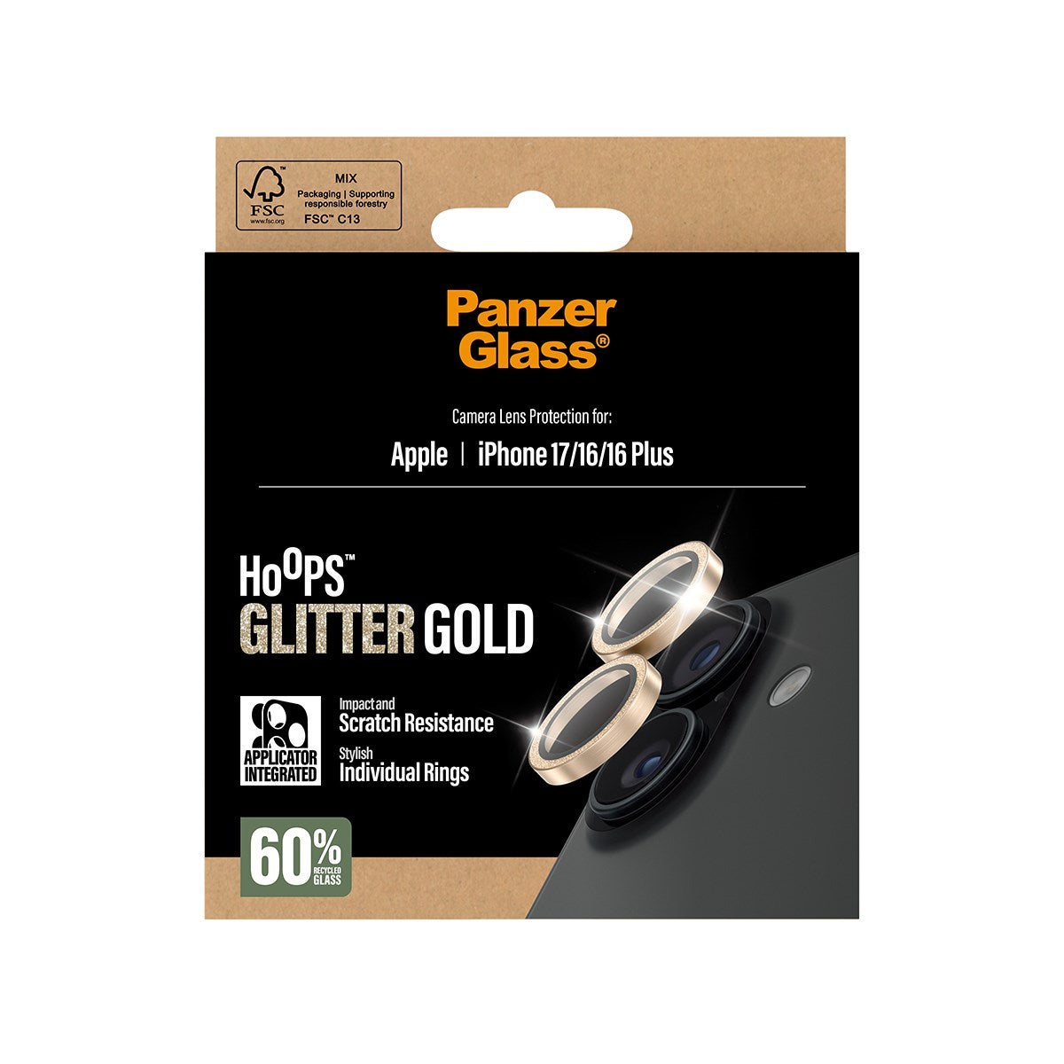 PanzerGlass® Hoops® Kameralinsebeskytter Glitter Guld iPhone 17 | iPhone 16 | 16 Plus